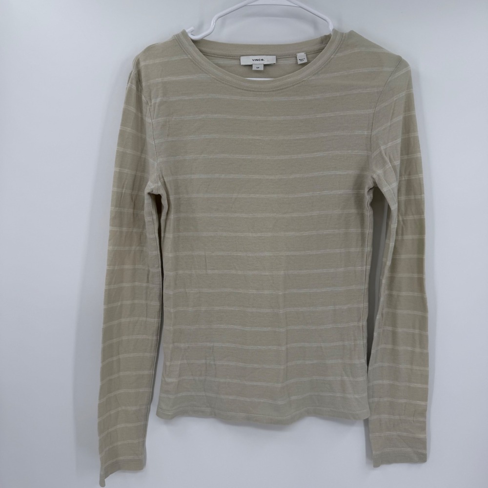 Vince Tan White Striped Long Sleeve Crew Neck Top VX22183830 Mens Small